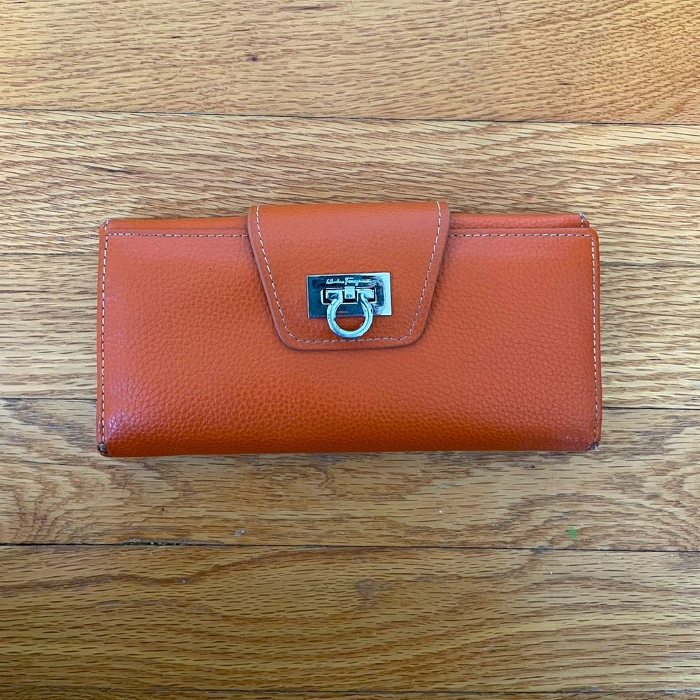 Ferragamo Pebbled Leather Wallet Burnt Orange/Tan